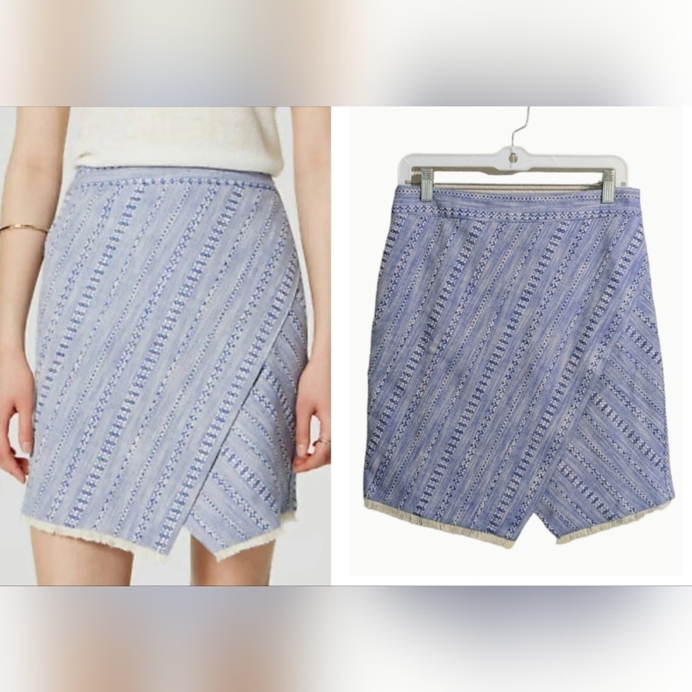 LOFT By Ann Taylor Blue White Above Knee Mini Pencil Skirt Crossed Fringe Hem 6